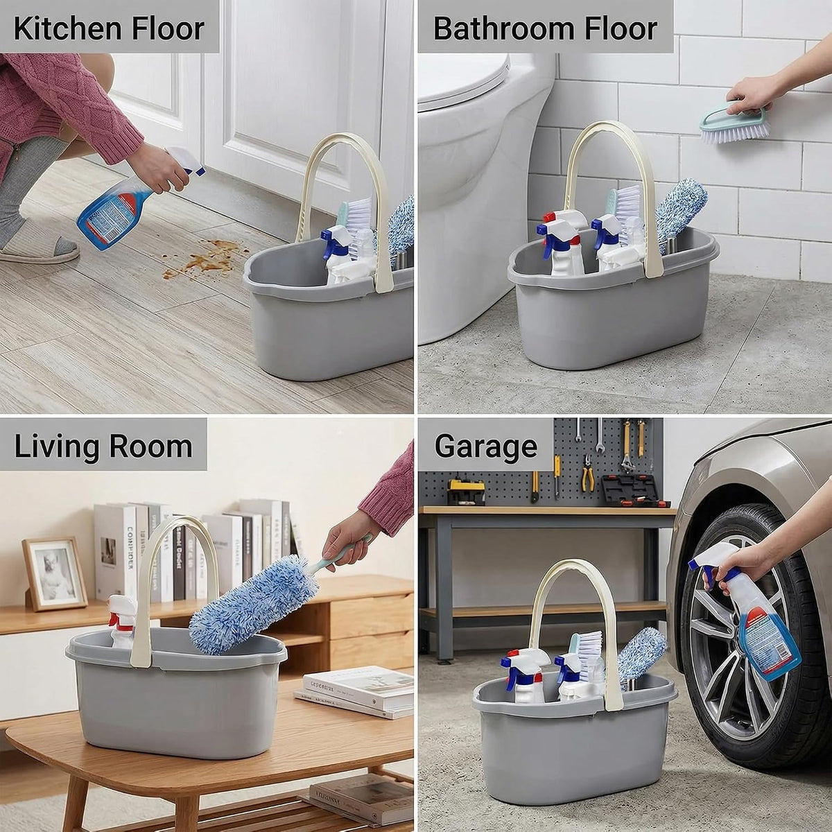 Stackable cleaning bucket stored in a compact household space
