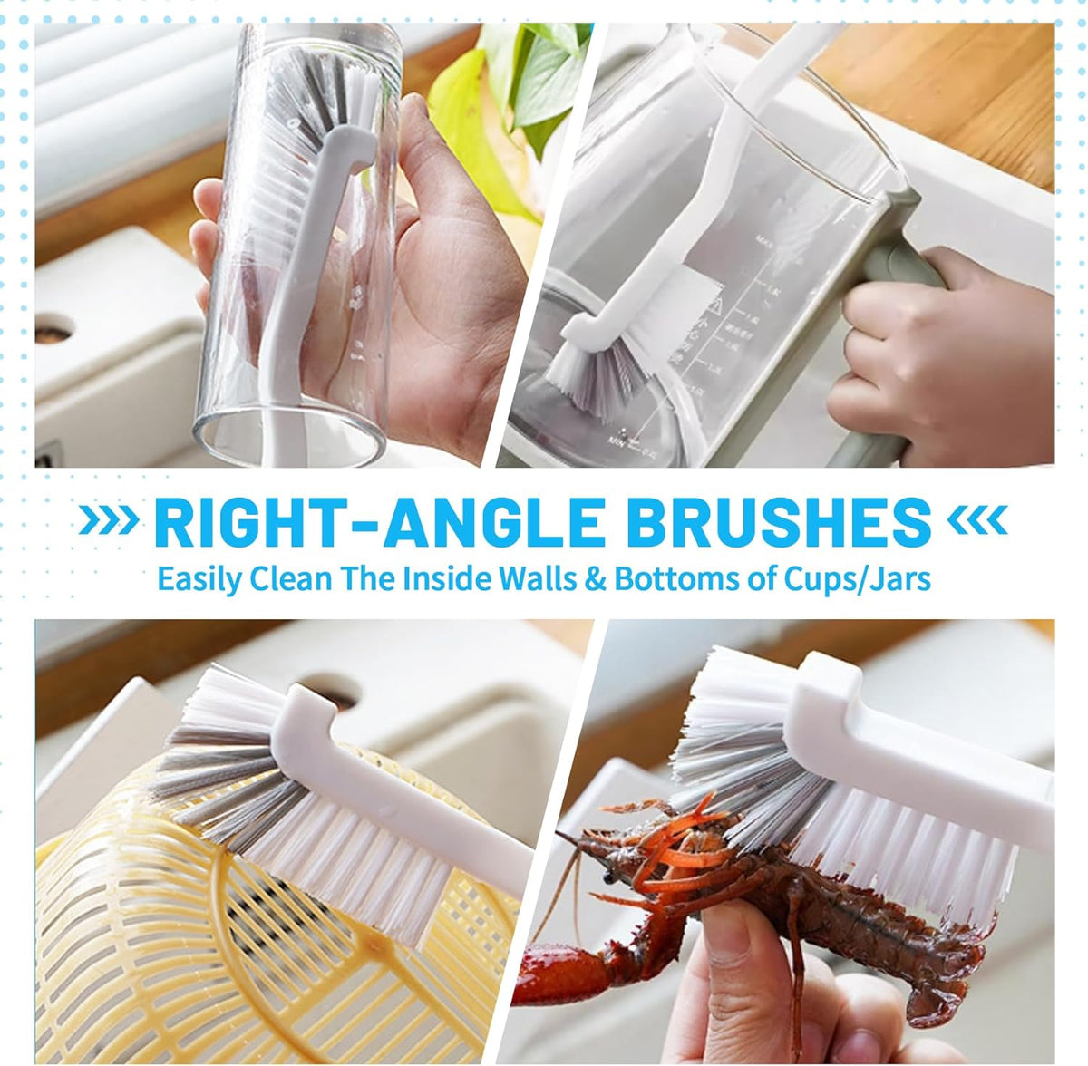 Right-angle brushes cleaning cups, jars and strainers