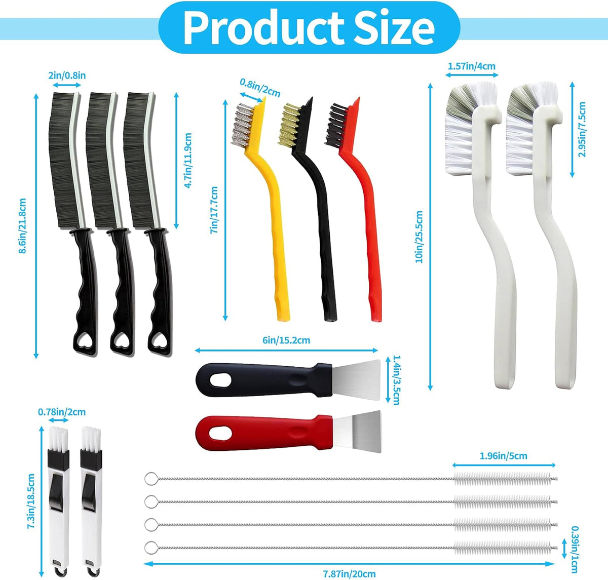 Dimensions and contents of the 16-piece cleaning brush set