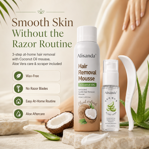 Hair Removal Mousse Kit, Coconut Oil Depilatory Foam with Aloe Vera Gel & Scraper, Korean Beauty Formula