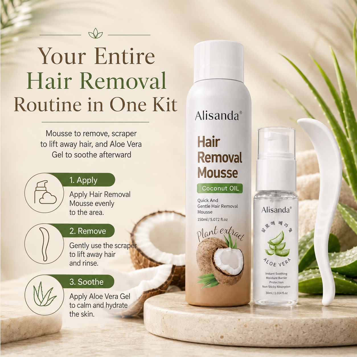 Hair Removal Mousse Kit, Coconut Oil Depilatory Foam with Aloe Vera Gel & Scraper, Korean Beauty Formula
