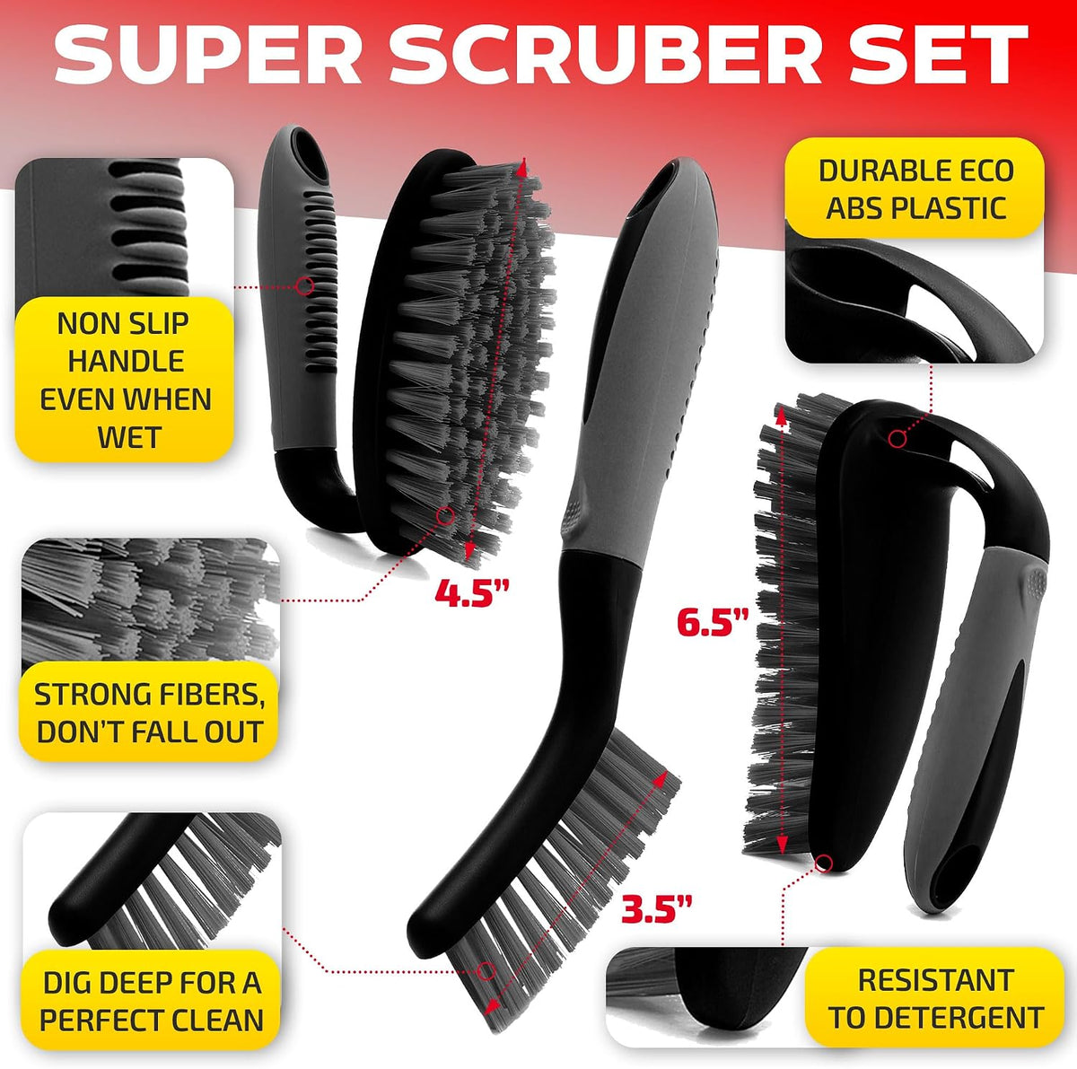 Three scrub brush shapes and their recommended household cleaning tasks