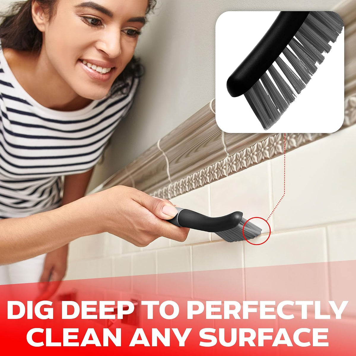 Slim grout brush following tile lines and narrow seams