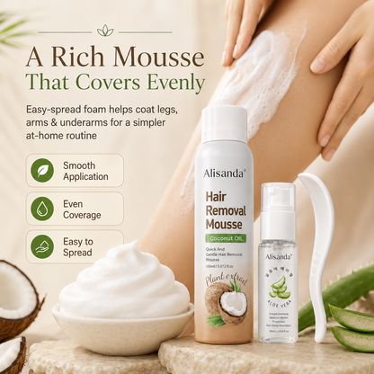 Hair Removal Mousse Kit, Coconut Oil Depilatory Foam with Aloe Vera Gel & Scraper, Korean Beauty Formula