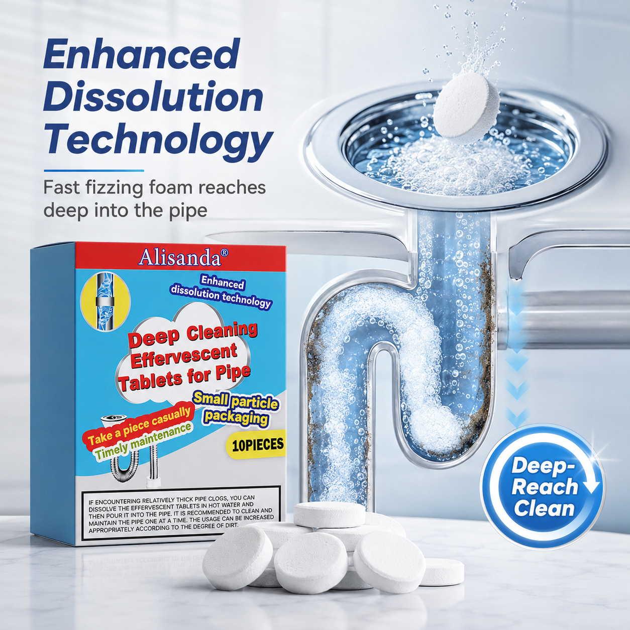 🔥Buy more save more ❤️Powerful Cleaning Effervescent Tablets for Pipe, Fast Dissolve Hair Grease Clogs, Deodorizing Antibacterial Pipe Cleaner
