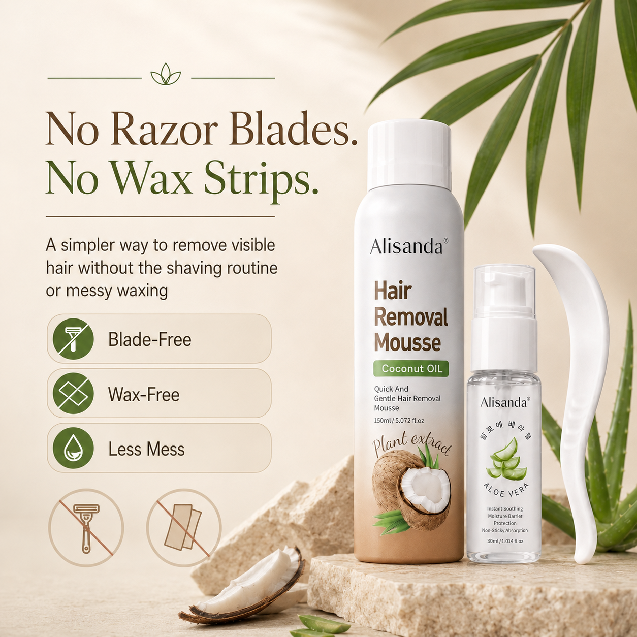 Hair Removal Mousse Kit, Coconut Oil Depilatory Foam with Aloe Vera Gel & Scraper, Korean Beauty Formula