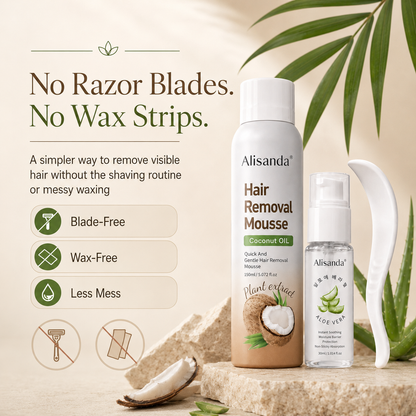 Hair Removal Mousse Kit, Coconut Oil Depilatory Foam with Aloe Vera Gel & Scraper, Korean Beauty Formula