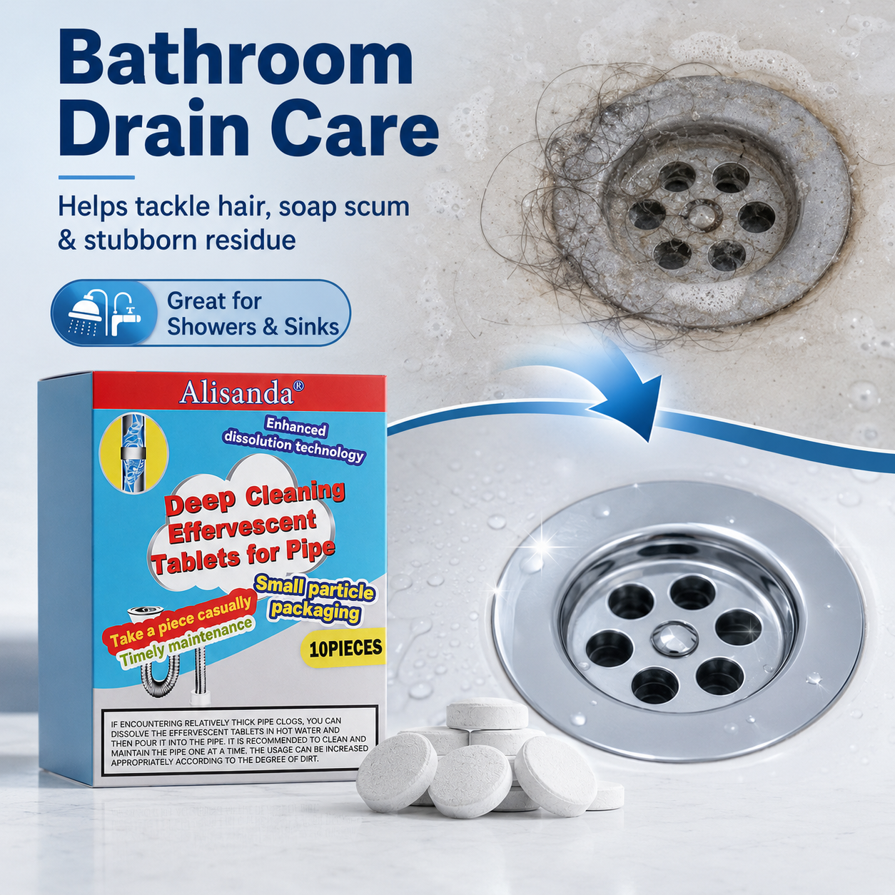 🔥Buy more save more ❤️Powerful Cleaning Effervescent Tablets for Pipe, Fast Dissolve Hair Grease Clogs, Deodorizing Antibacterial Pipe Cleaner