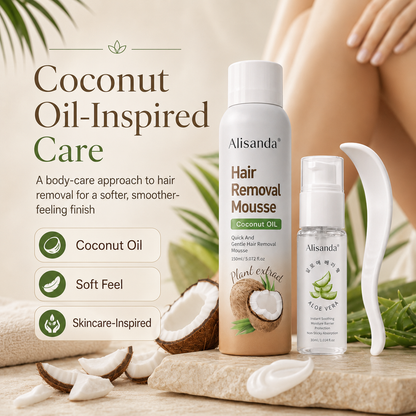 Hair Removal Mousse Kit, Coconut Oil Depilatory Foam with Aloe Vera Gel & Scraper, Korean Beauty Formula