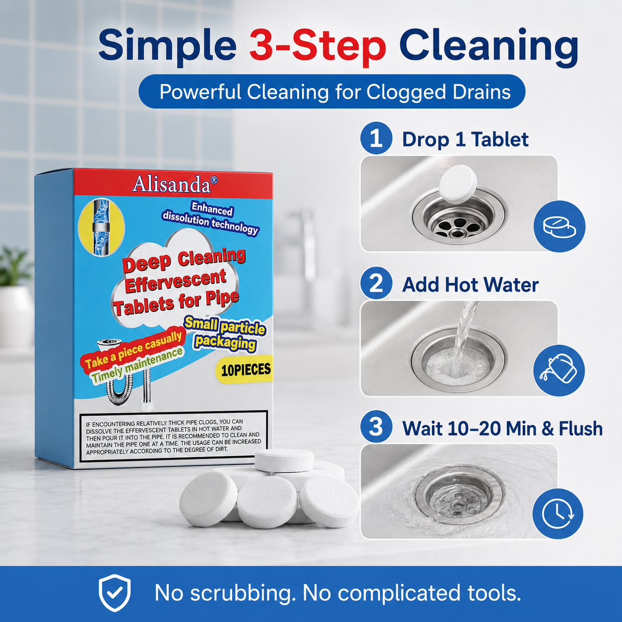 🔥Buy more save more ❤️Powerful Cleaning Effervescent Tablets for Pipe, Fast Dissolve Hair Grease Clogs, Deodorizing Antibacterial Pipe Cleaner