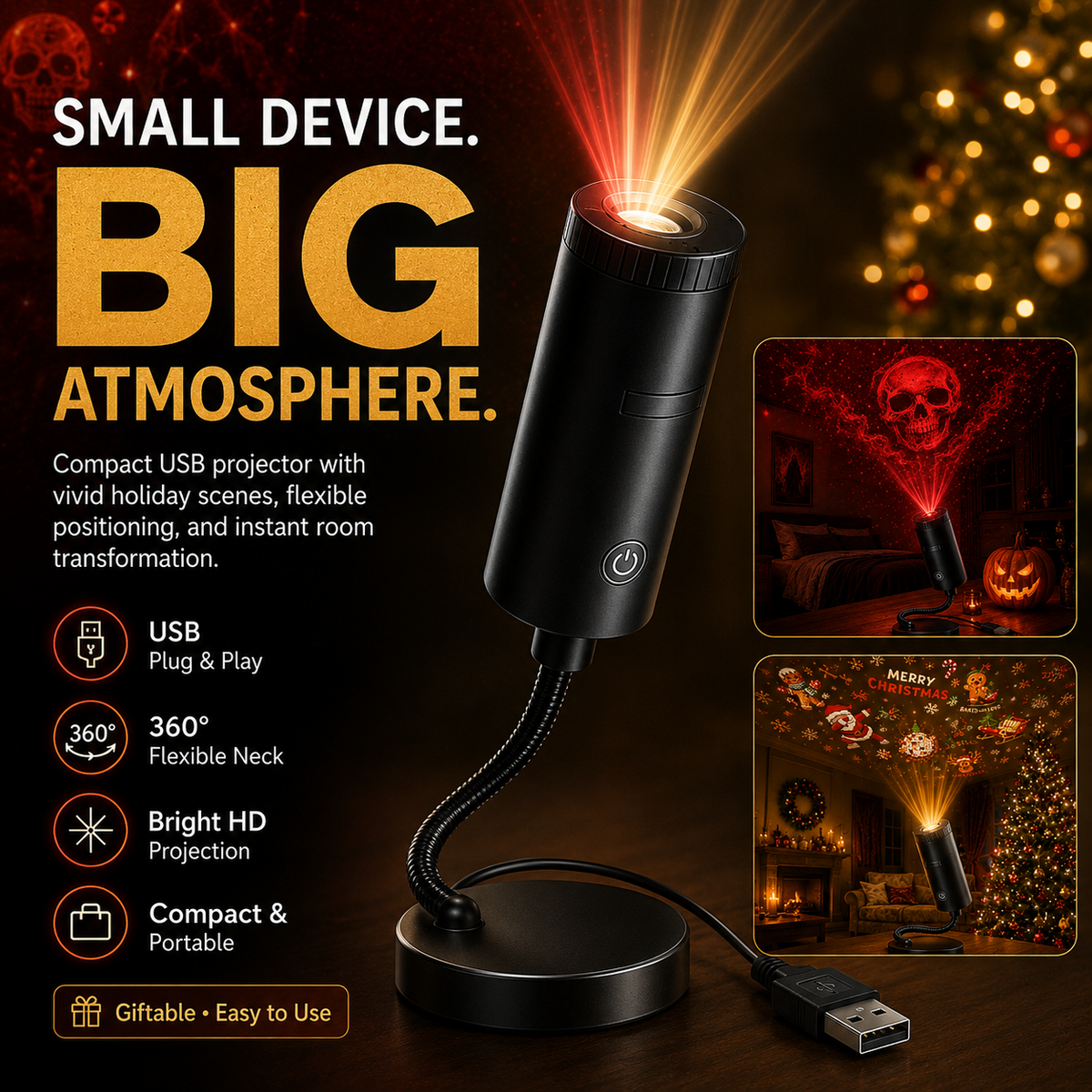 Plug & Play HD Holiday Projector for Christmas & Halloween Decor
