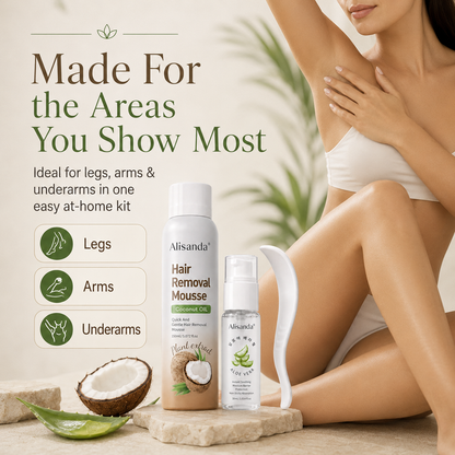 Hair Removal Mousse Kit, Coconut Oil Depilatory Foam with Aloe Vera Gel & Scraper, Korean Beauty Formula