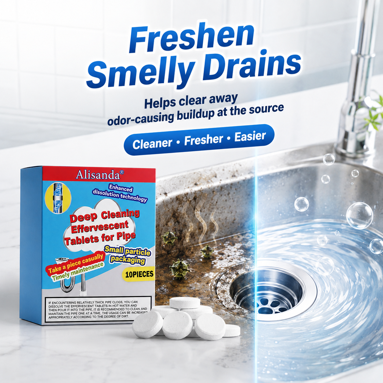 🔥Buy more save more ❤️Powerful Cleaning Effervescent Tablets for Pipe, Fast Dissolve Hair Grease Clogs, Deodorizing Antibacterial Pipe Cleaner