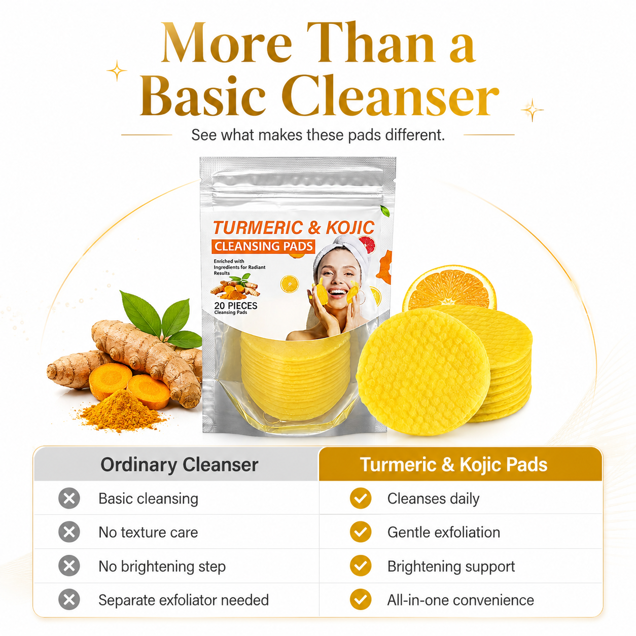 Turmeric & Kojic Acid Cleansing Pads,20pcs🟡
