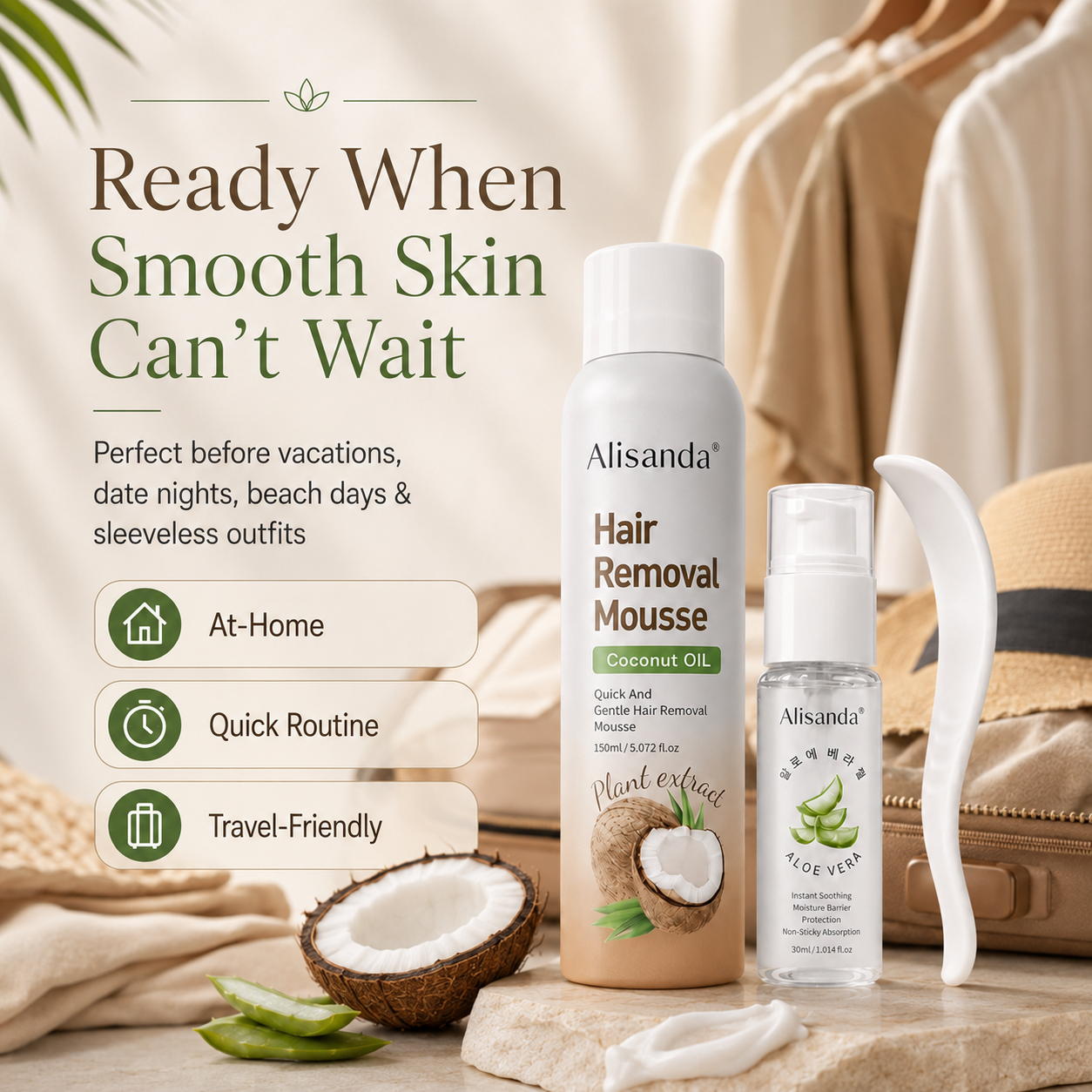 Hair Removal Mousse Kit, Coconut Oil Depilatory Foam with Aloe Vera Gel & Scraper, Korean Beauty Formula