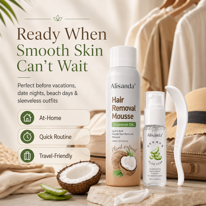 Hair Removal Mousse Kit, Coconut Oil Depilatory Foam with Aloe Vera Gel & Scraper, Korean Beauty Formula