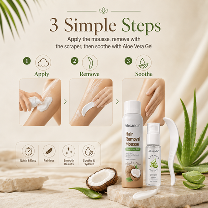 Hair Removal Mousse Kit, Coconut Oil Depilatory Foam with Aloe Vera Gel & Scraper, Korean Beauty Formula