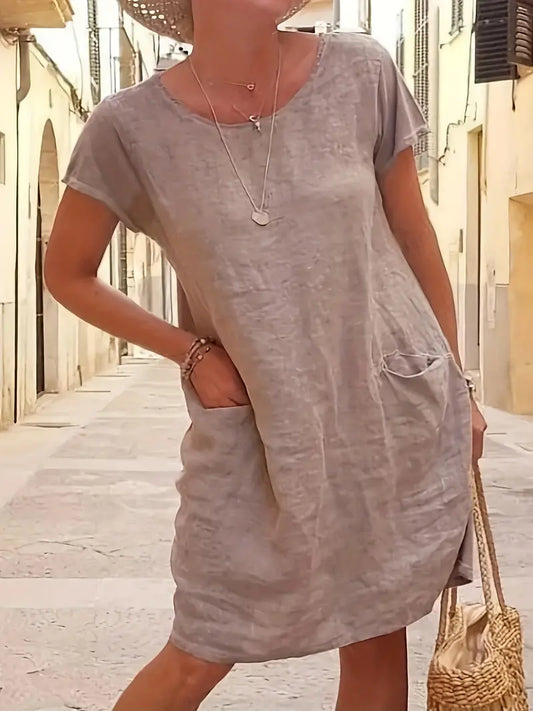 Loose Solid Short Sleeve Knee-Length Round Neck Pocket Dress
