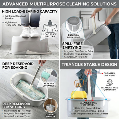 Wide bucket opening holding spray bottles brushes cloths and cleaning supplies