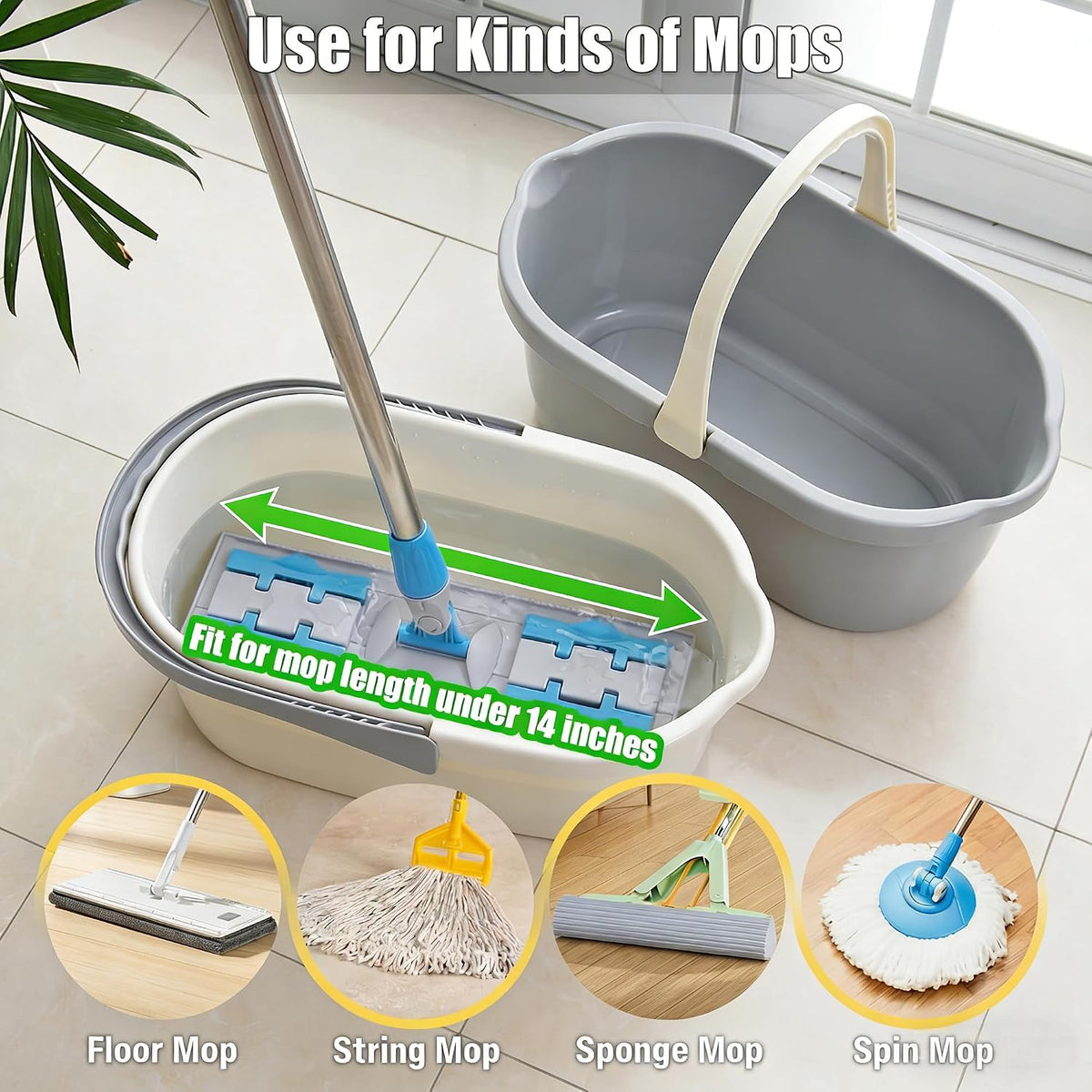 Rectangular bucket used with a compact household mop