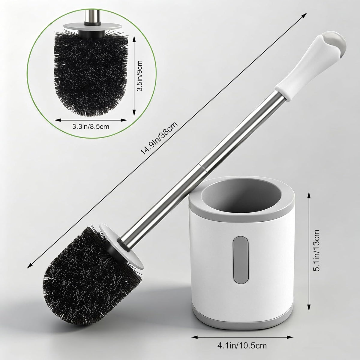 Compact toilet brush dimensions and space-saving holder