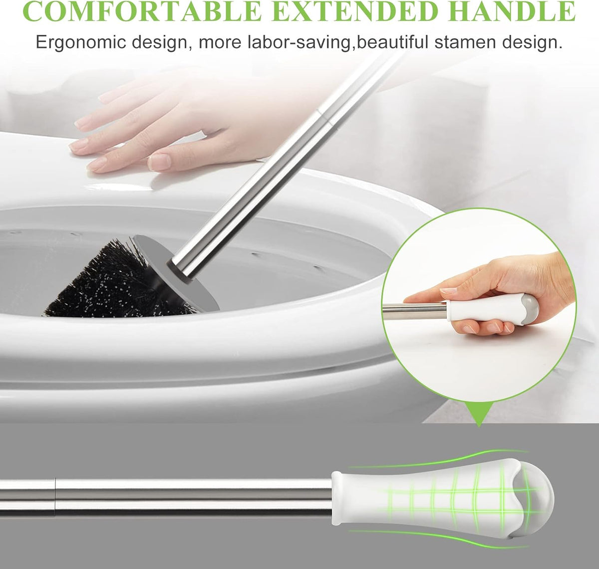 Firm nylon bristles cleaning beneath the toilet rim