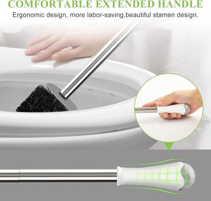 Firm nylon bristles cleaning beneath the toilet rim