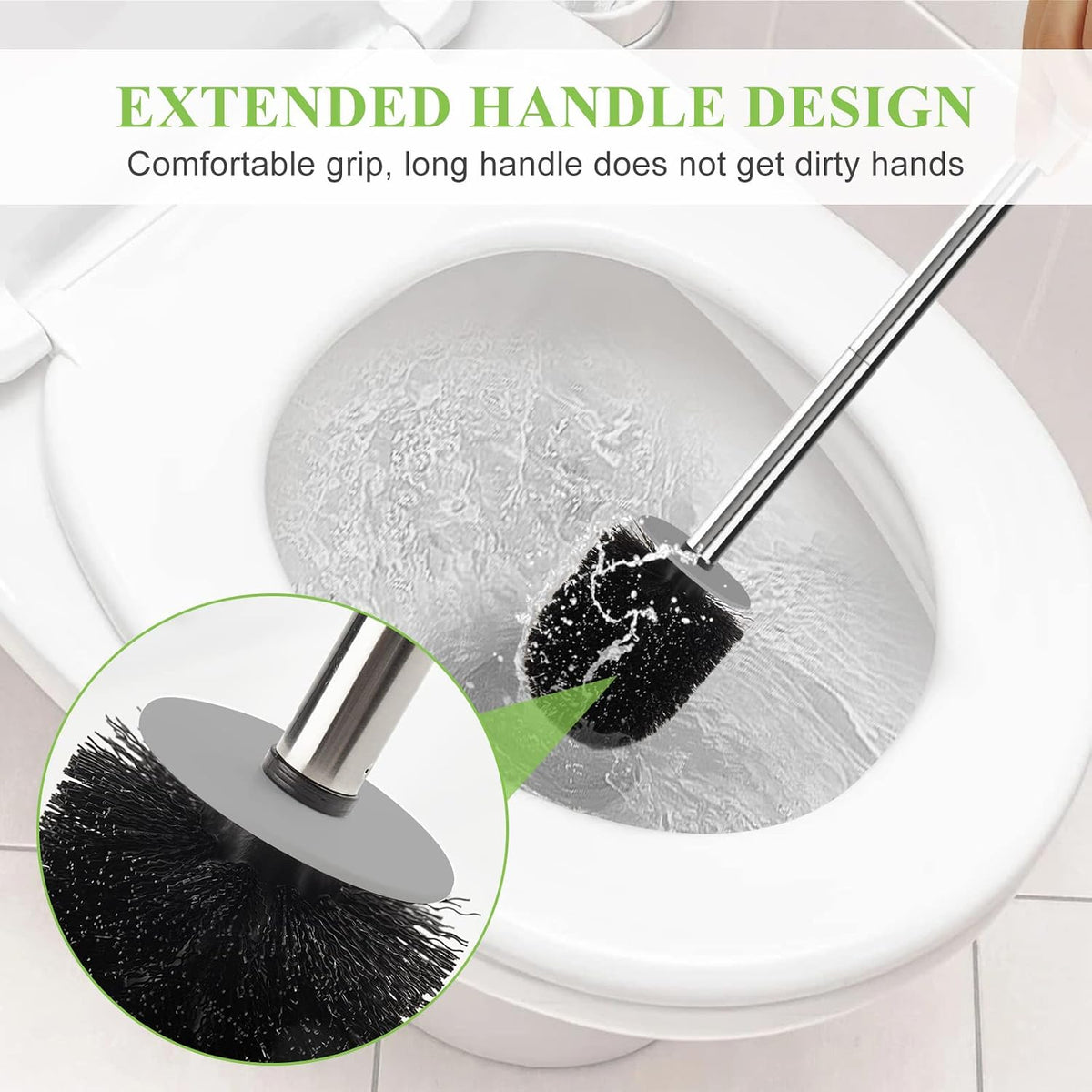 Stainless steel and plastic toilet brush handle details