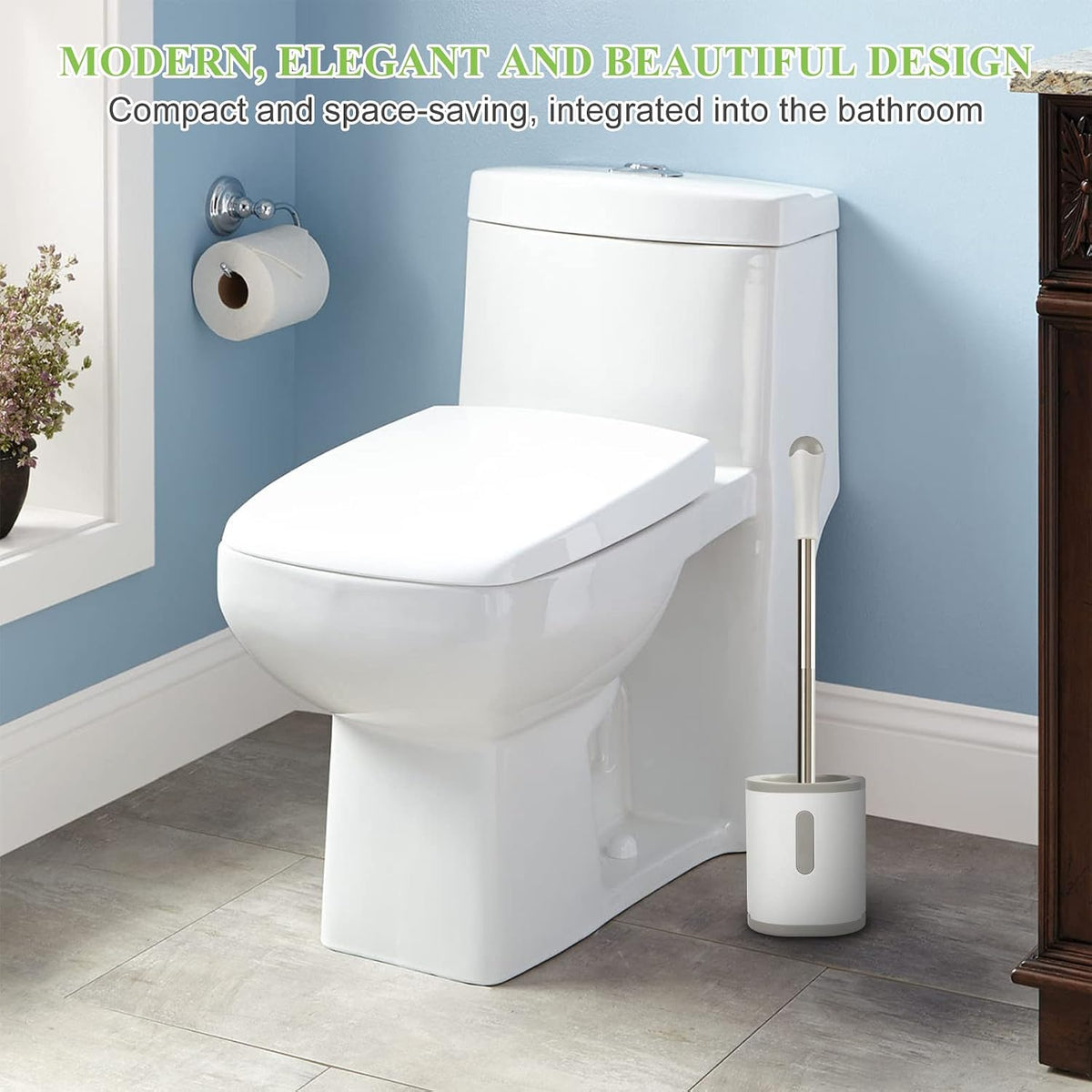 White and grey compact toilet brush beside a bathroom toilet