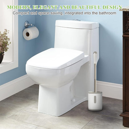 White and grey compact toilet brush beside a bathroom toilet