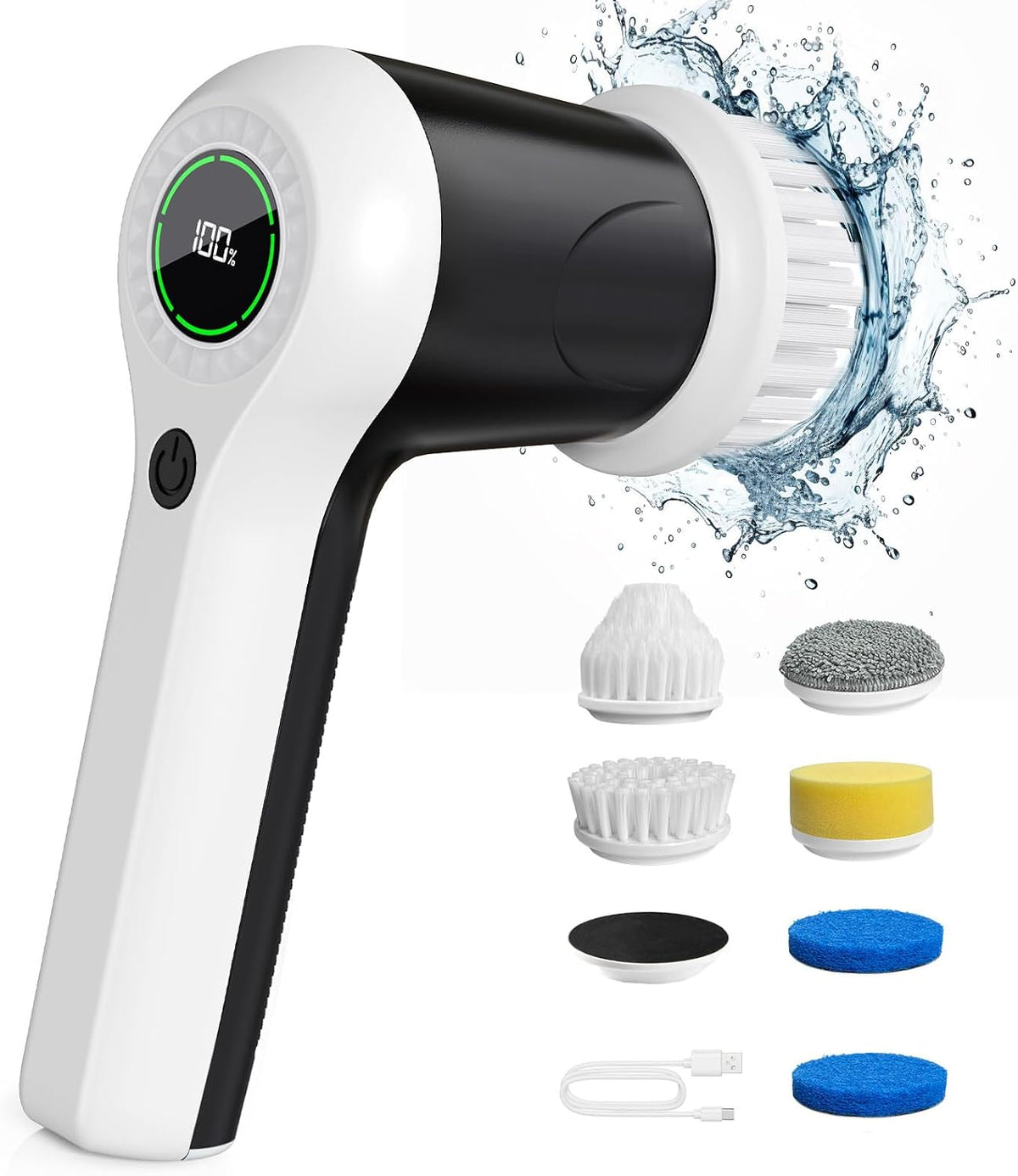 White cordless electric spin scrubber with six replaceable cleaning heads