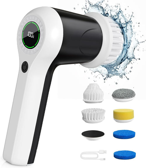 White cordless electric spin scrubber with six replaceable cleaning heads