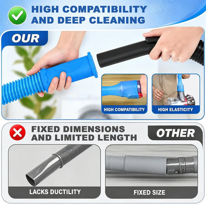 Stretch-fit vacuum connector compared with fixed-size vacuum hose attachments