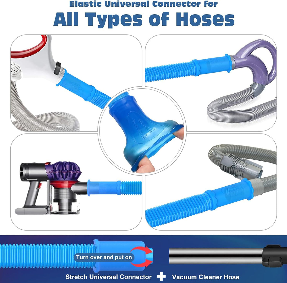 Elastic blue connector fitted to several common vacuum hose styles