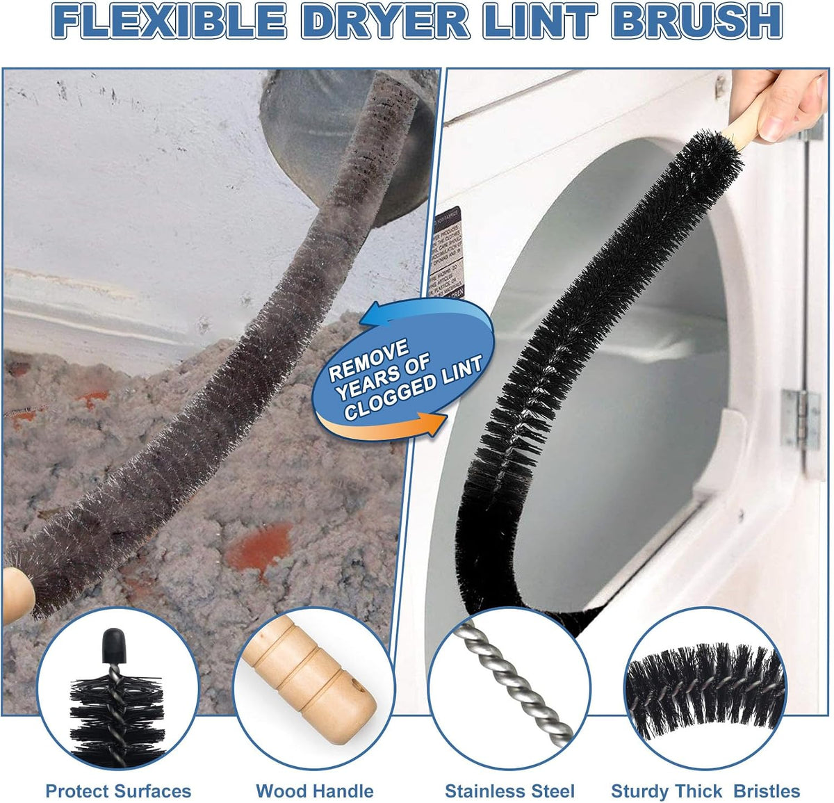 Long black bristle brush loosening lint inside a dryer vent opening
