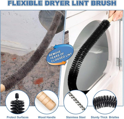 Long black bristle brush loosening lint inside a dryer vent opening