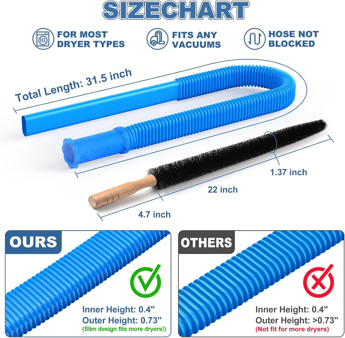 Dimensions for the 31.5-inch hose attachment and 22-inch lint brush