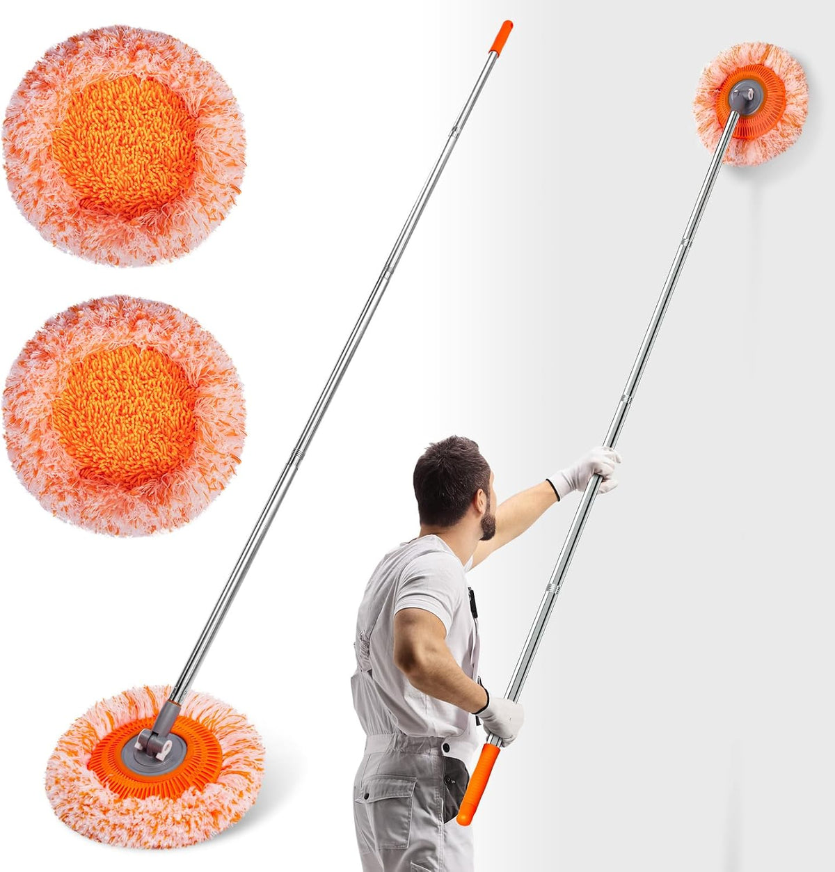 Orange microfiber wall mop with four-section extendable stainless steel handle