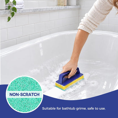 Handled sponge cleaning a bathtub with a close-up of the scrub layer