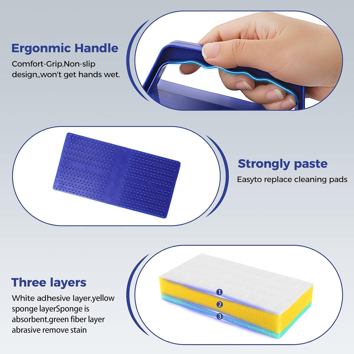 Ergonomic handle attachment and three-layer sponge construction details