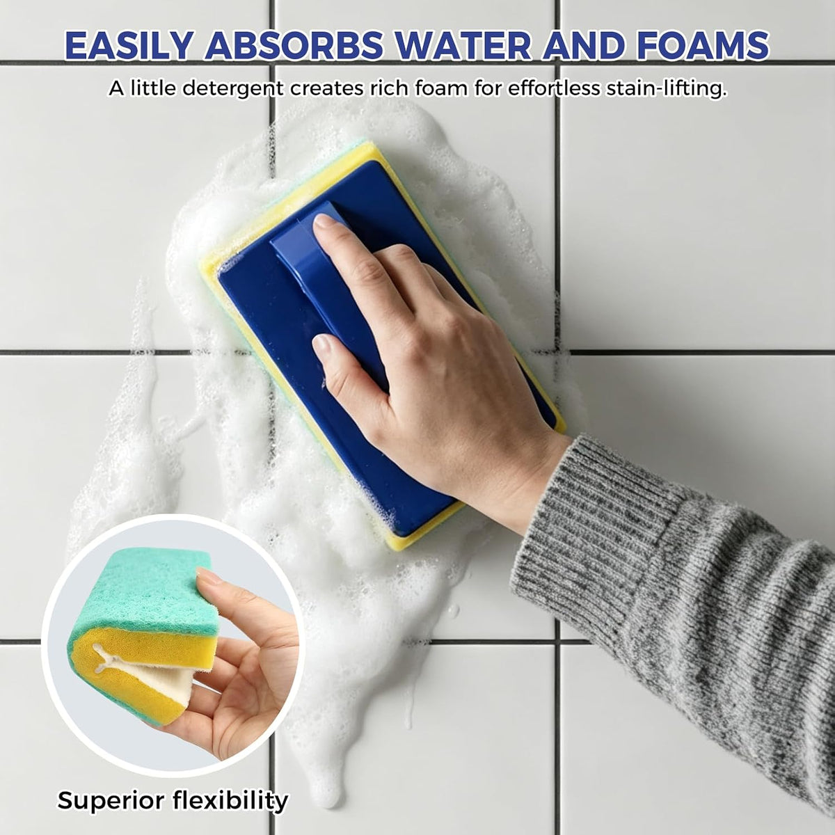 Handled sponge absorbing water and foaming on shower tile