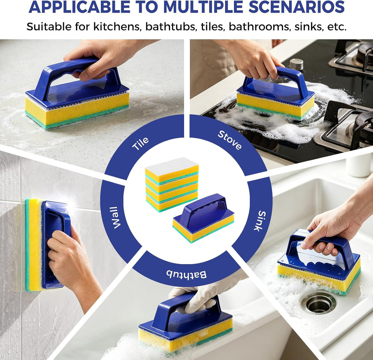 Handled sponge used on tile, stove, shower wall, bathtub and sink