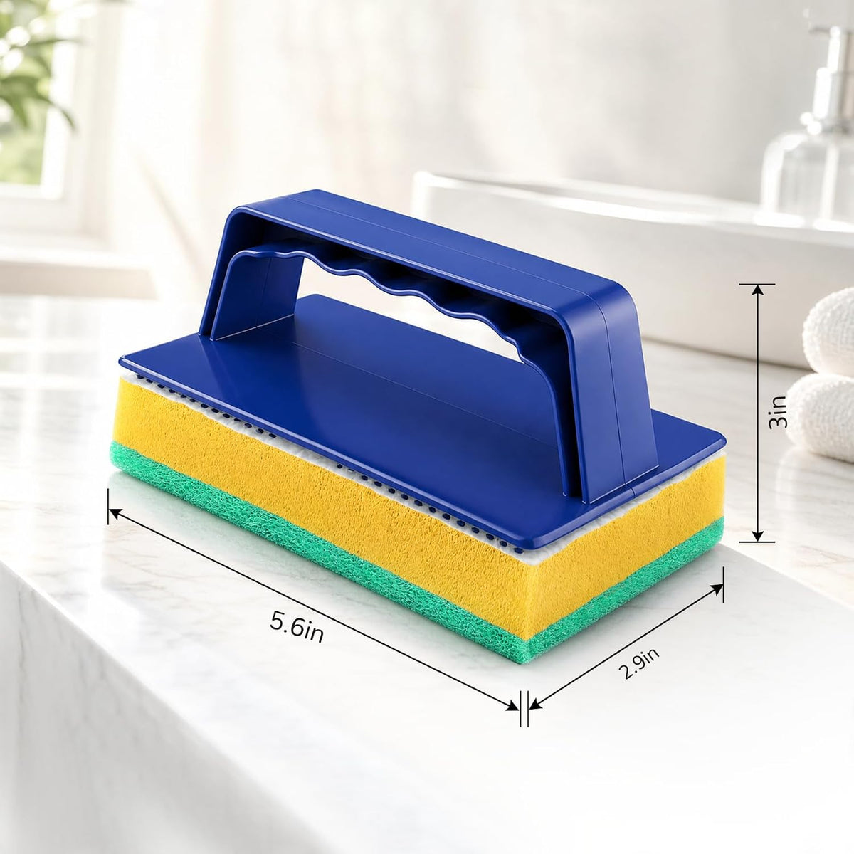 Handled sponge dimensions showing 5.6 inch length, 2.9 inch width and 3 inch height