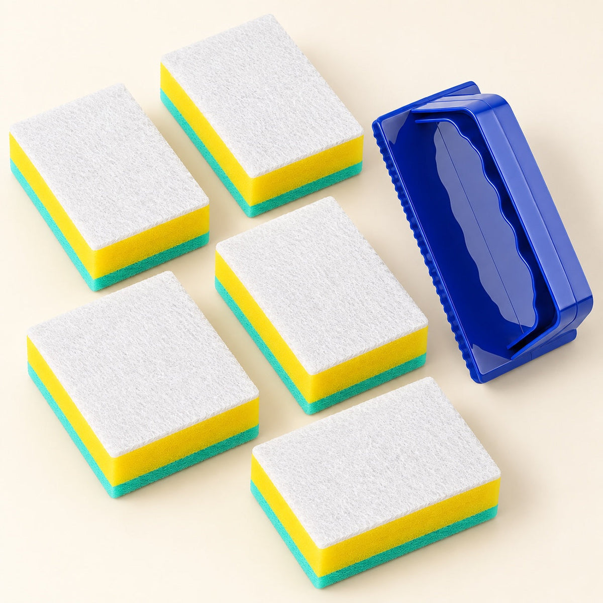Blue ergonomic cleaning handle with five layered yellow white and aqua sponge pads on a warm ivory background
