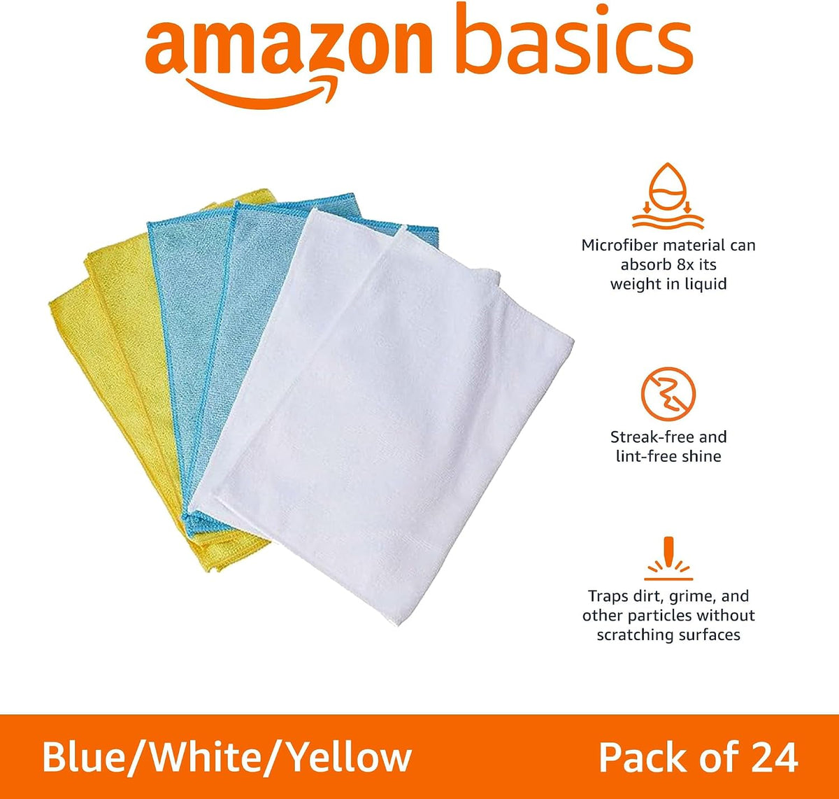 Blue white and yellow microfiber cloth features and 24-piece pack overview