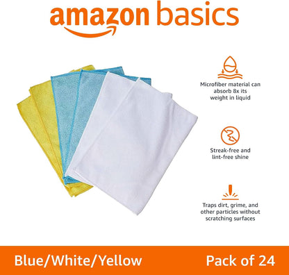 Blue white and yellow microfiber cloth features and 24-piece pack overview