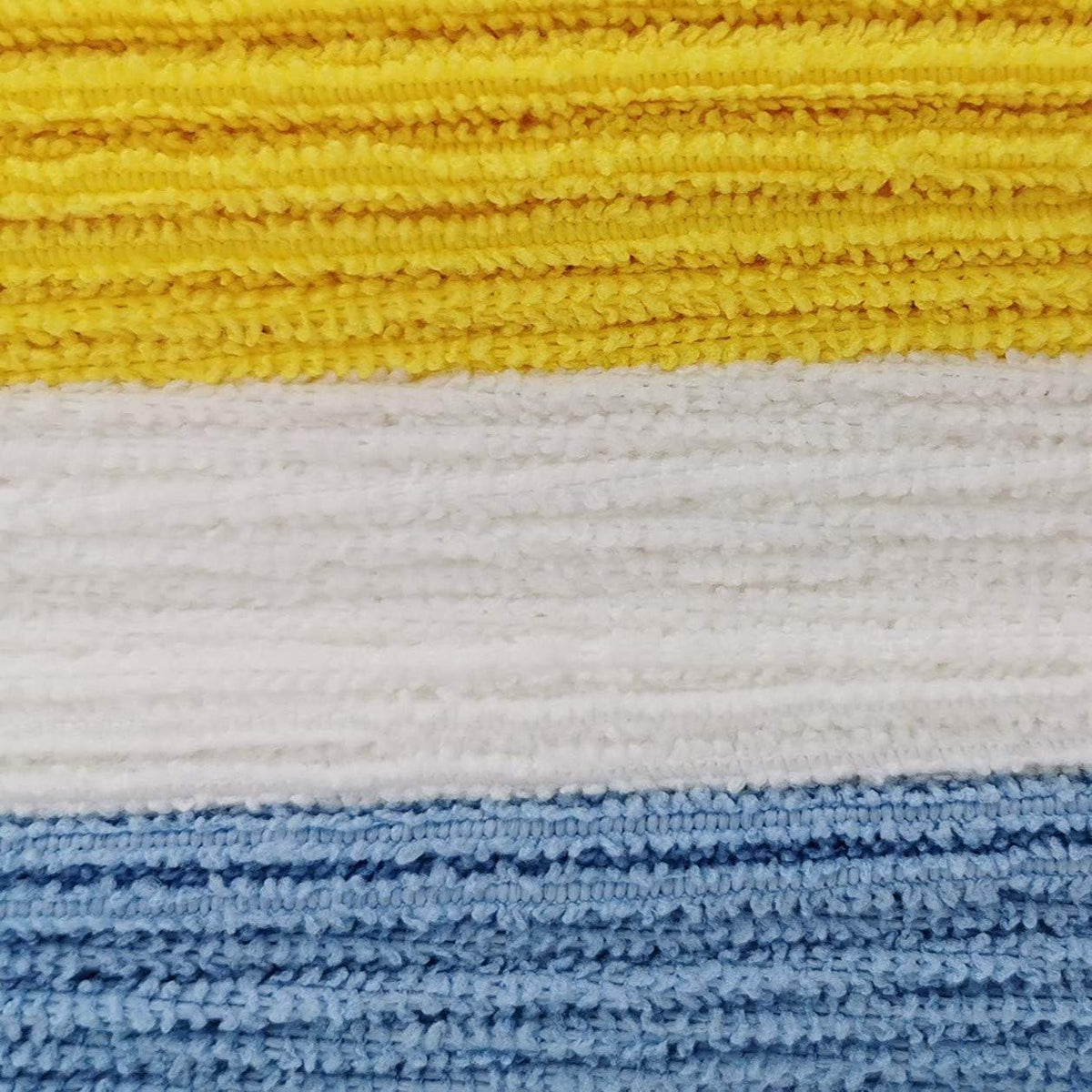 Detailed view of stitched microfiber cloth edges in all three colors