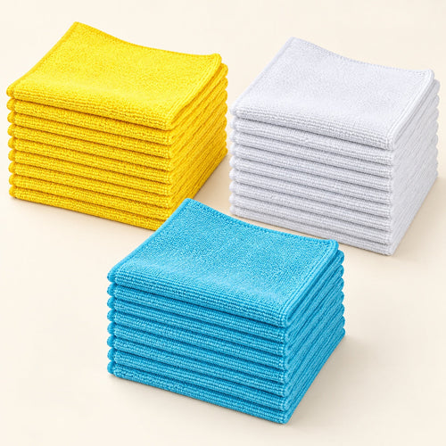 Three neat stacks of yellow white and blue microfiber cleaning cloths on a warm ivory background