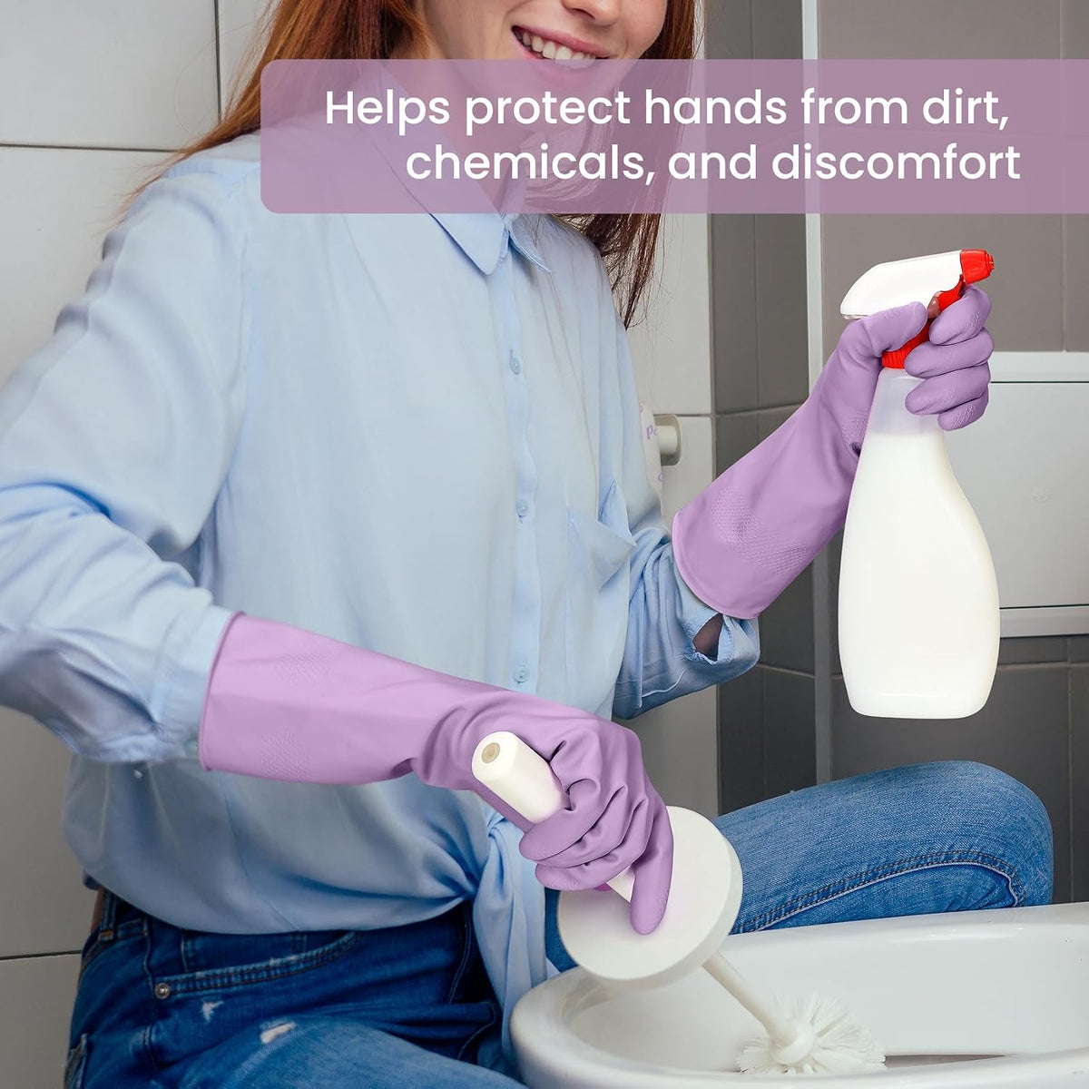Reusable purple cleaning gloves used for bathroom cleaning