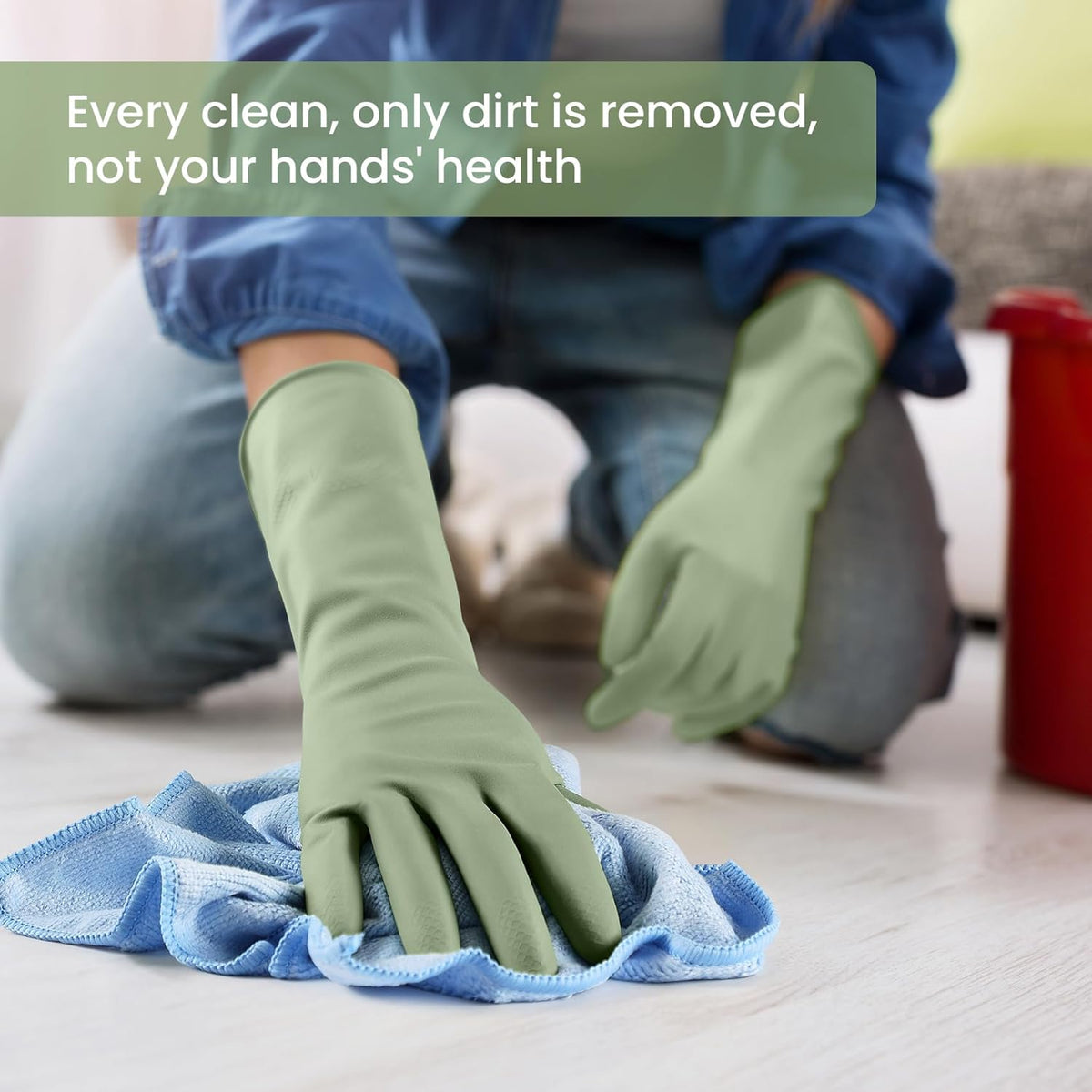 Reusable green cleaning gloves used for floor cleaning